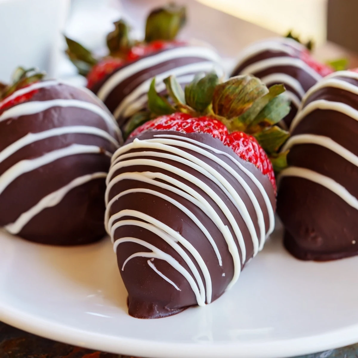 A close-up of chocolate dipped strawberries with white drizzle, ideal for romantic date night dessert platters.