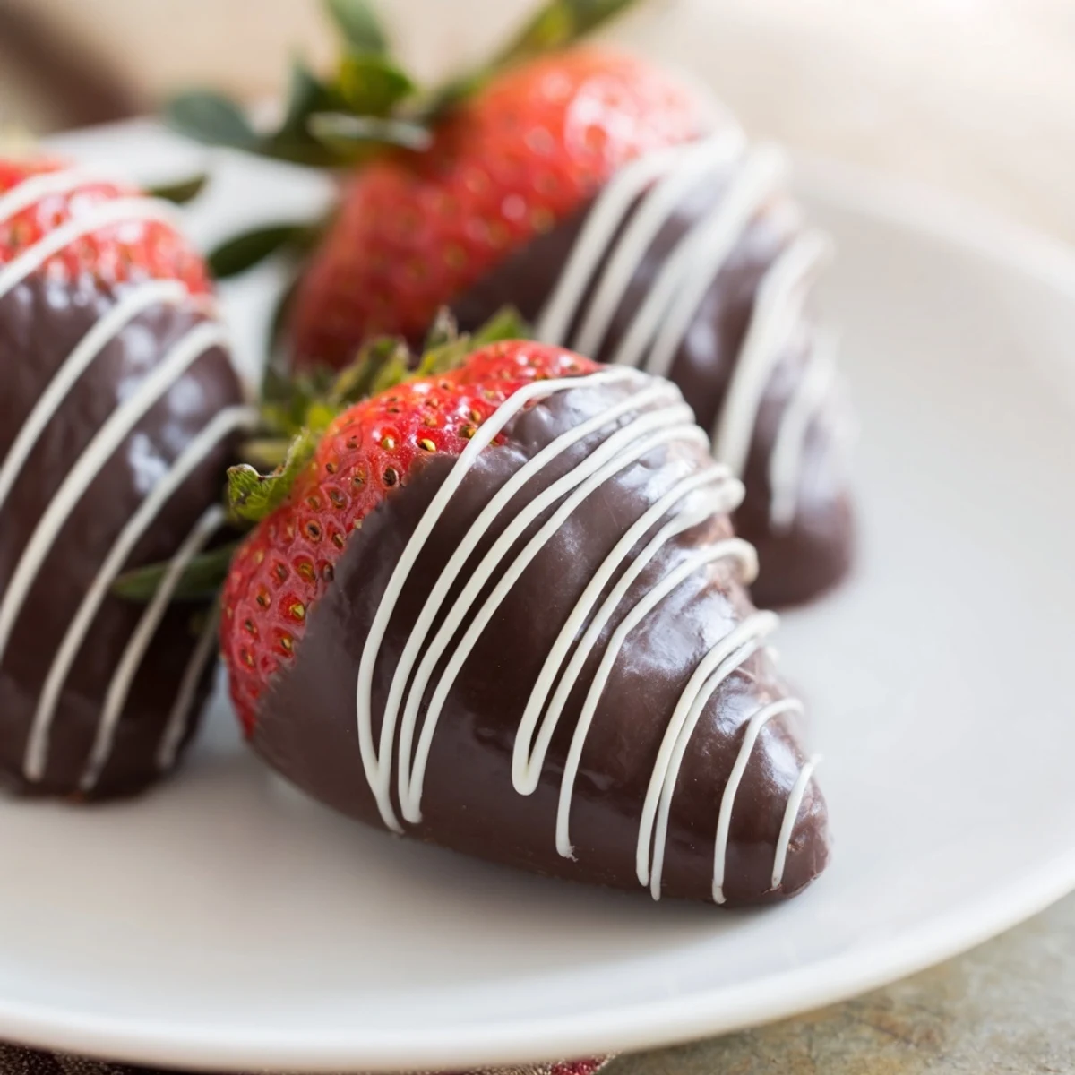 Fresh, ripe strawberries are hand-dipped in dark chocolate, showcasing a beautiful white chocolate drizzle on top.