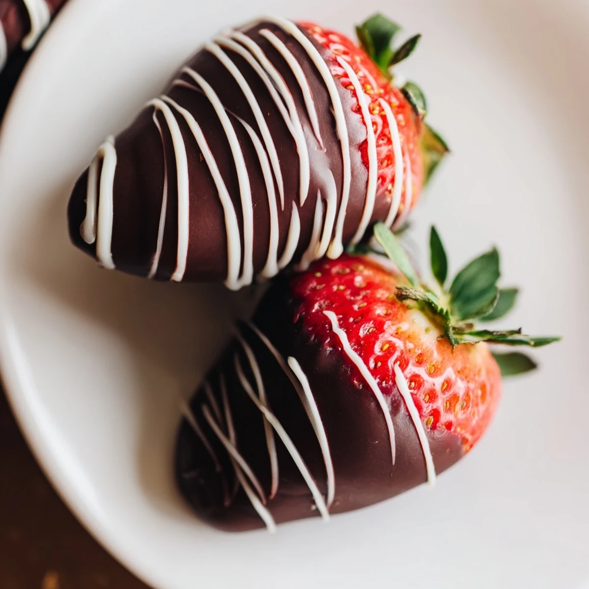 Stemmed chocolate dipped strawberries with white drizzle, glistening with dark chocolate and ready for an elegant party serving.