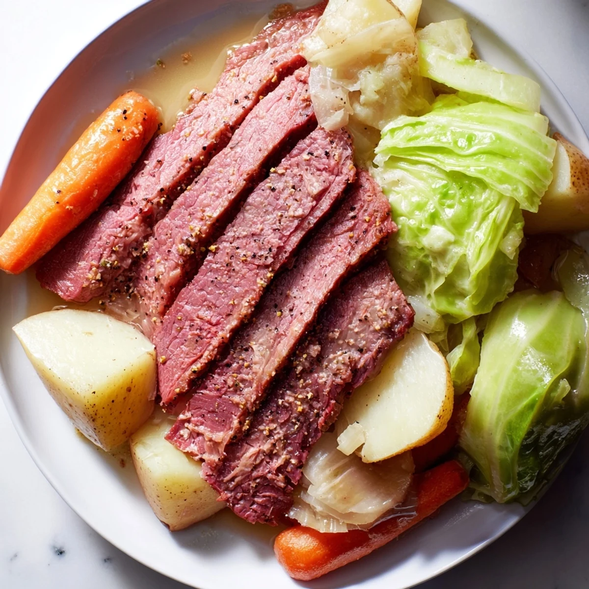 Fork-tender Slow Cooked Corned Beef with Cabbage and Potatoes served in a savory broth.