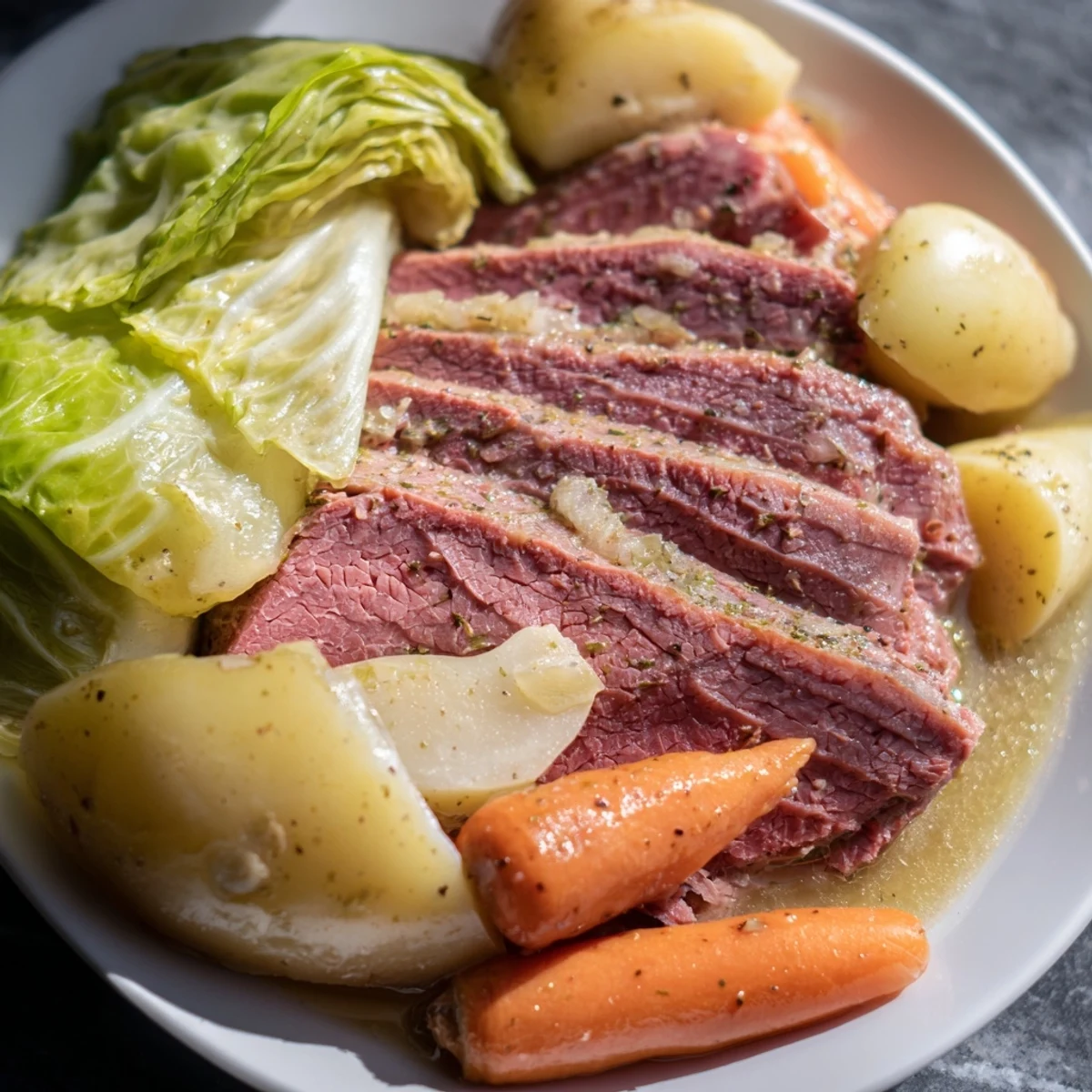 Tender Slow Cooked Corned Beef with Cabbage and Potatoes garnished with fresh parsley.