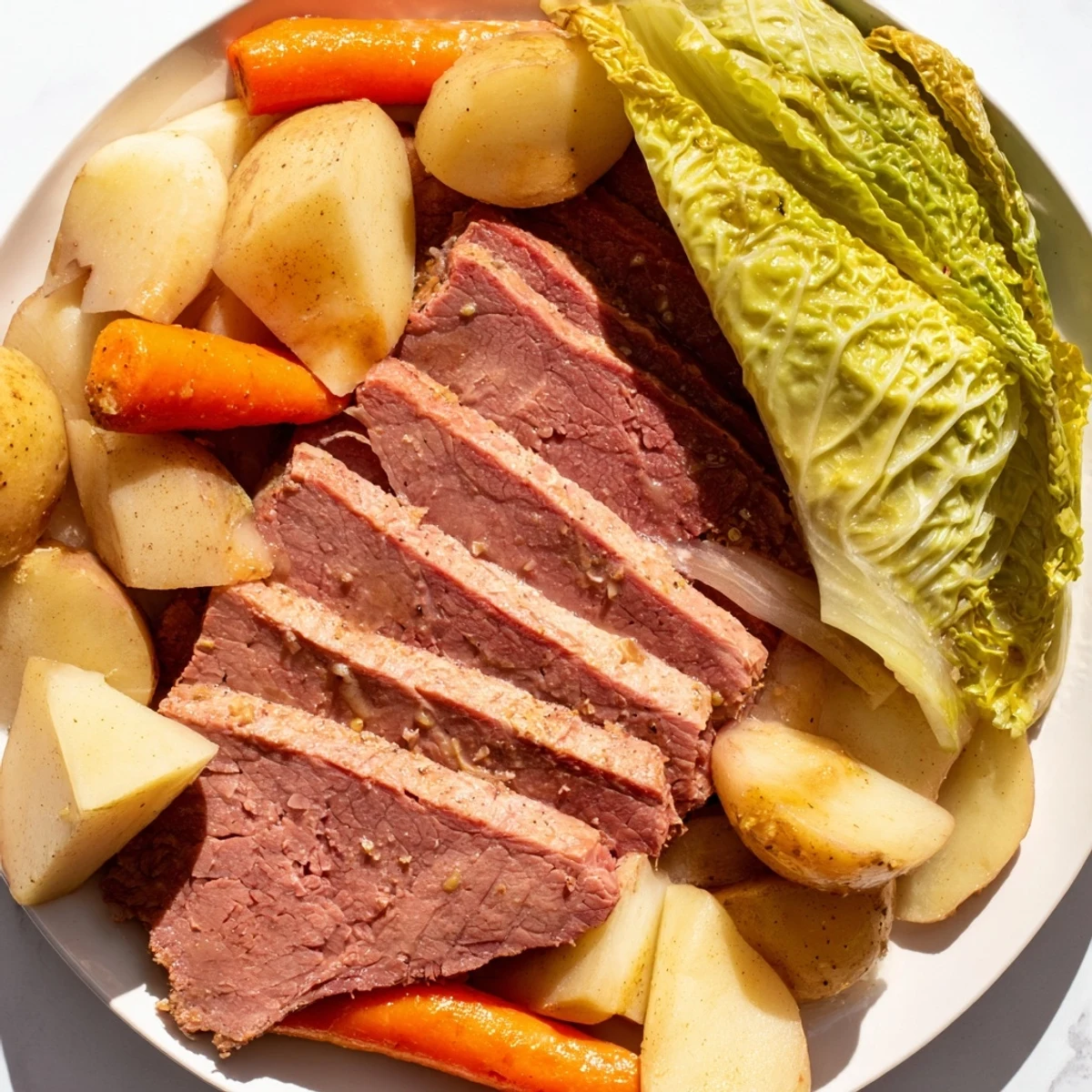 Hearty Slow Cooked Corned Beef with Cabbage and Potatoes plated with mustard sauce.