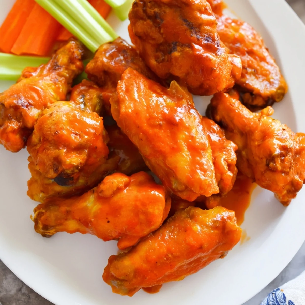 Crispy Air Fryer Chicken Wings with Buffalo Sauce glisten with a bright orange glaze, served alongside fresh celery and carrot sticks for a classic game day bite.