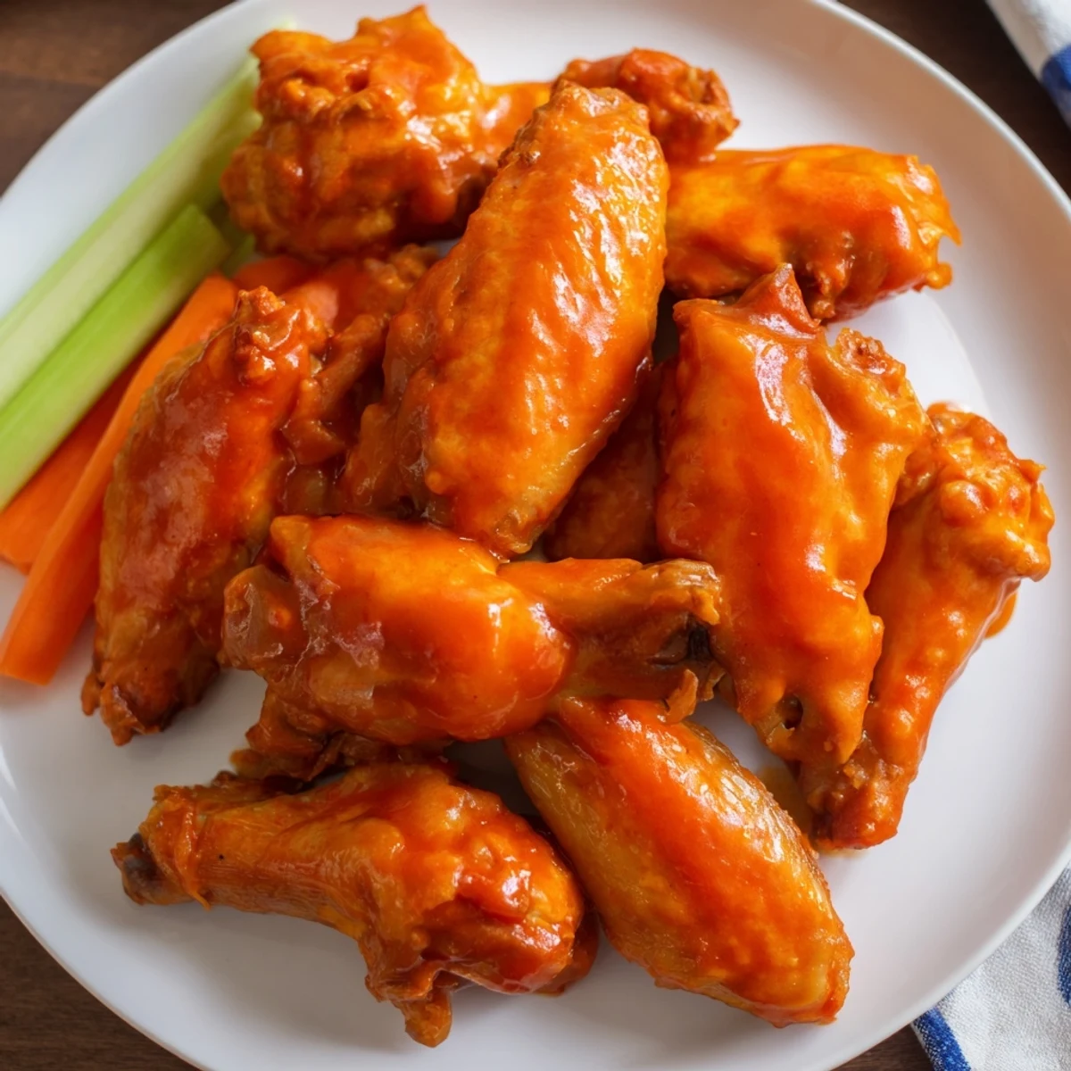 Steam rises from a pile of saucy Crispy Air Fryer Chicken Wings with Buffalo Sauce, perfectly tossed in spicy red sauce and arranged on a rustic platter.