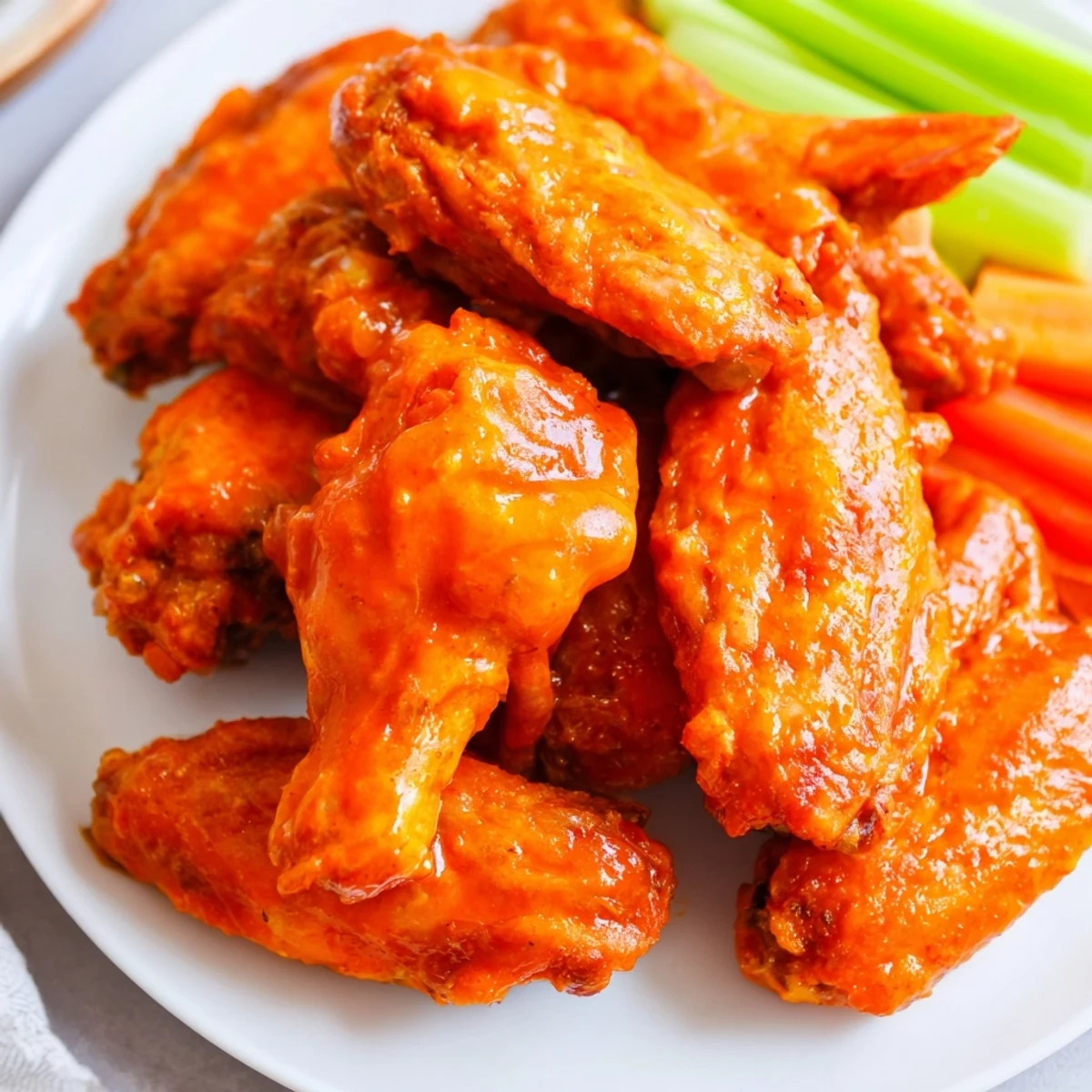 A close-up of golden brown Crispy Air Fryer Chicken Wings with Buffalo Sauce, showing a crunchy texture and a side of cool blue cheese dip ready for dipping.