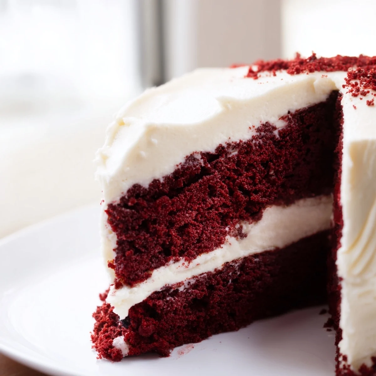 Freshly baked Red Velvet Layer Cake with Cream Cheese Frosting on a white ceramic plate, showcasing moist crimson layers and a rich, creamy white topping for a classic dessert presentation.