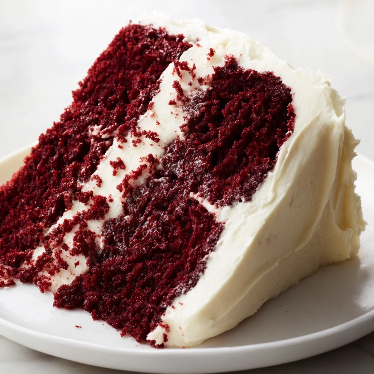 A close-up slice of Red Velvet Layer Cake with Cream Cheese Frosting, revealing tender red crumbs and velvety smooth frosting, perfect for a celebratory party platter.
