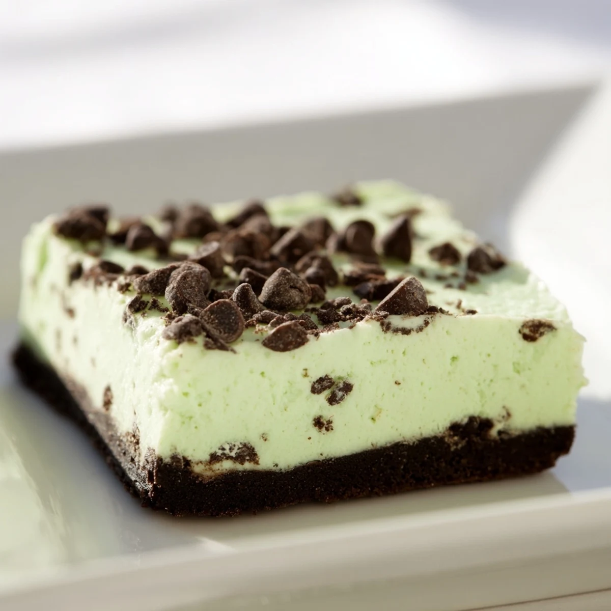 A close-up of Mint Chocolate Chip Cheesecake Bars shows a smooth, chilled slice served on a white plate with mint leaves. 