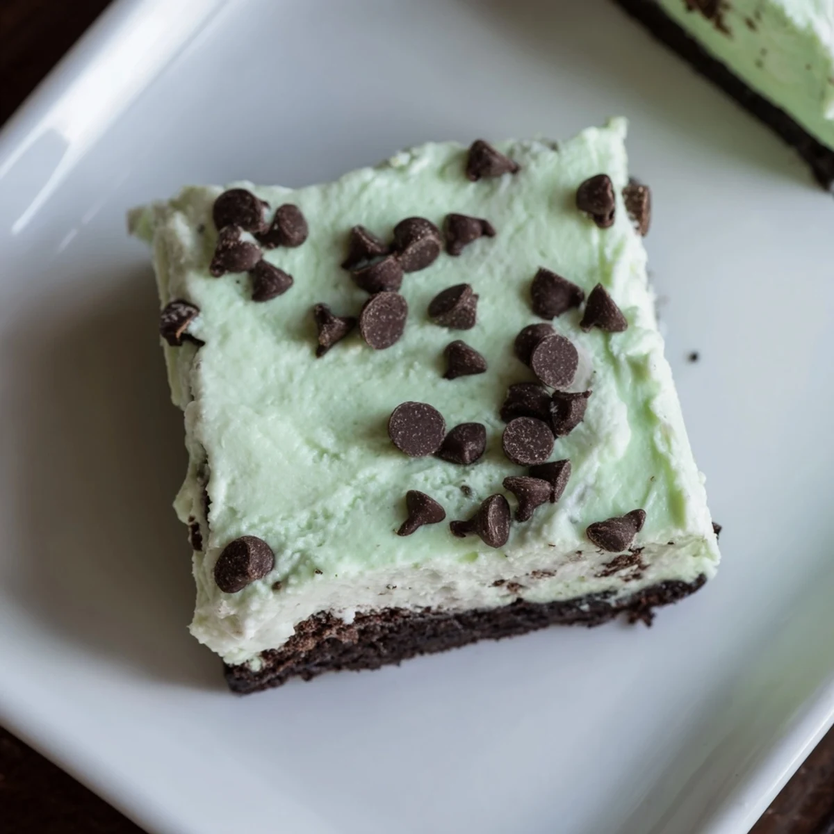 Square Mint Chocolate Chip Cheesecake Bars stacked on a wire rack next to a glass of milk and fresh mint.