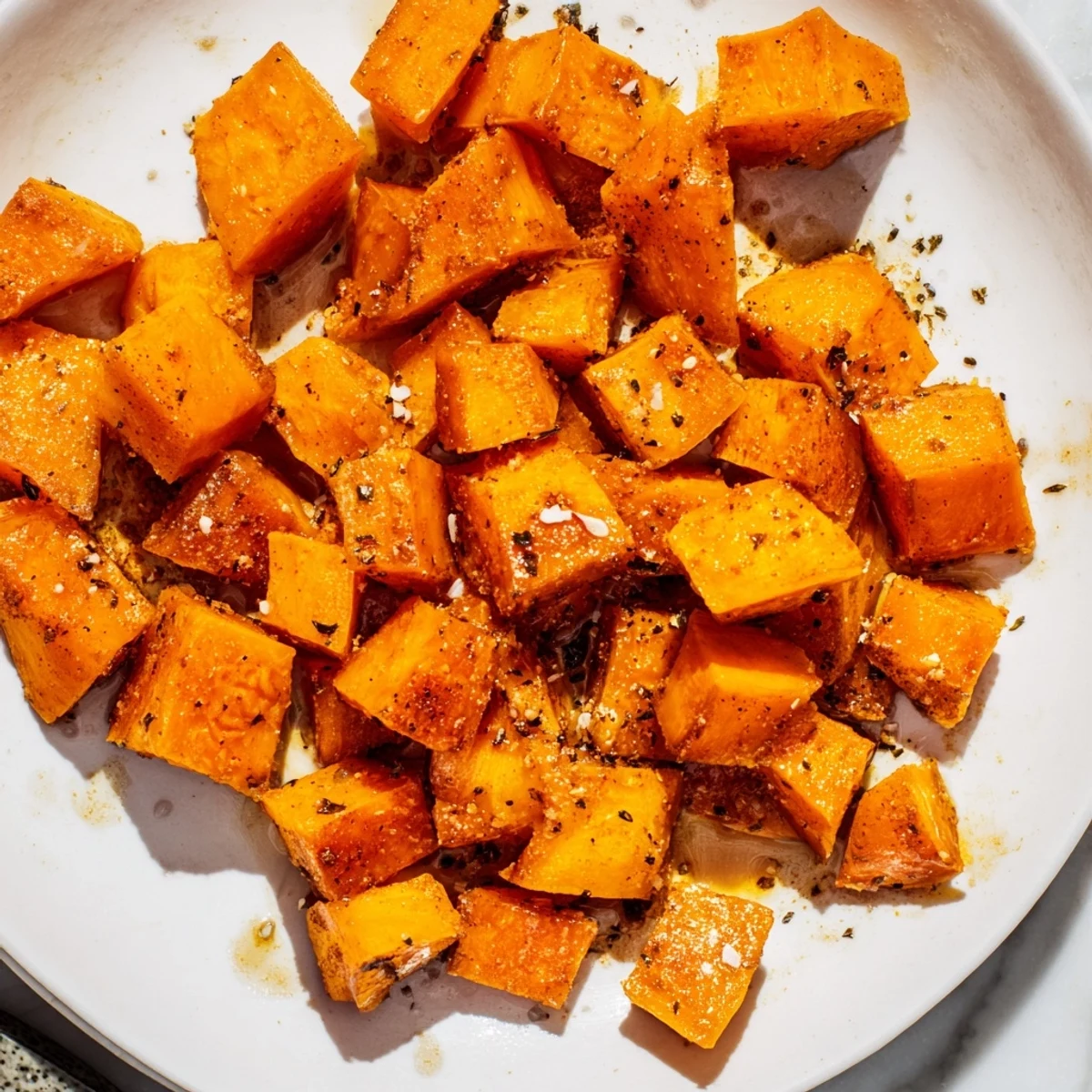 Golden roasted sweet potato cubes with warm cinnamon, lightly caramelized on a baking sheet for a cozy holiday side dish.  