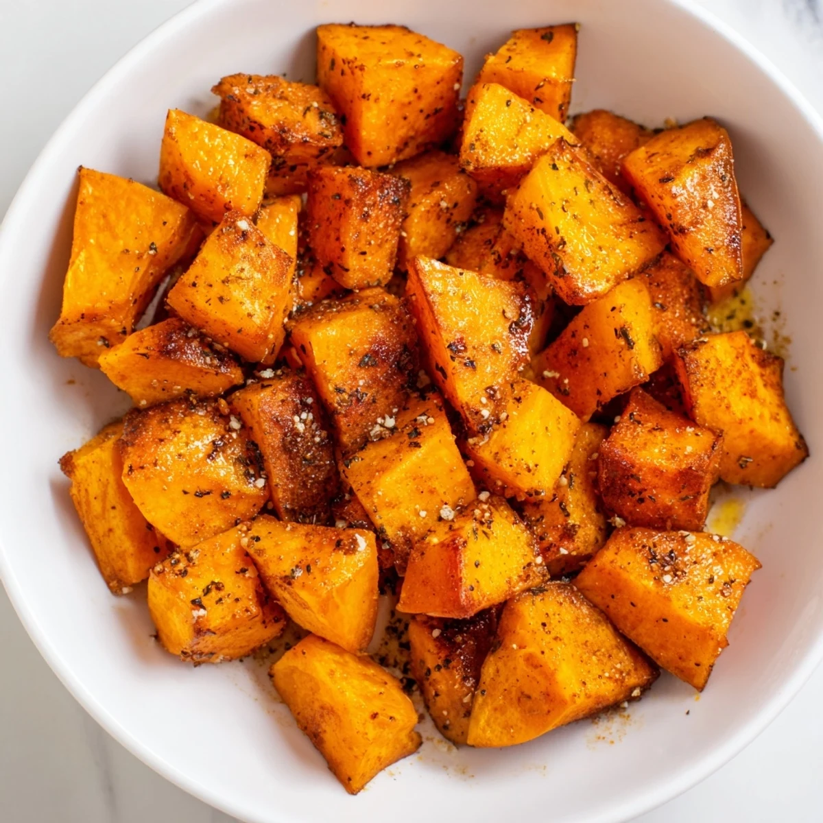 Tender roasted sweet potatoes tossed with olive oil and cinnamon, finished with a hint of maple syrup for sweetness.