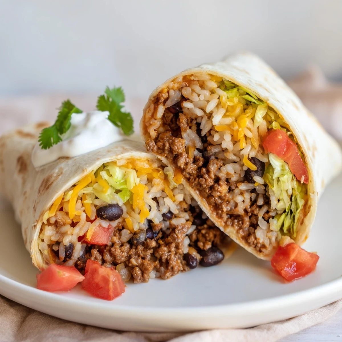 Golden-brown Beef Burrito with Beans and Rice, stuffed with seasoned meat, creamy beans, fluffy rice, and fresh toppings on a plate.  