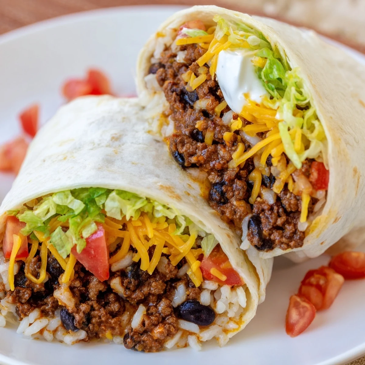 A close-up of a hearty Beef Burrito with Beans and Rice, garnished with cilantro and served with lime wedges and salsa.  