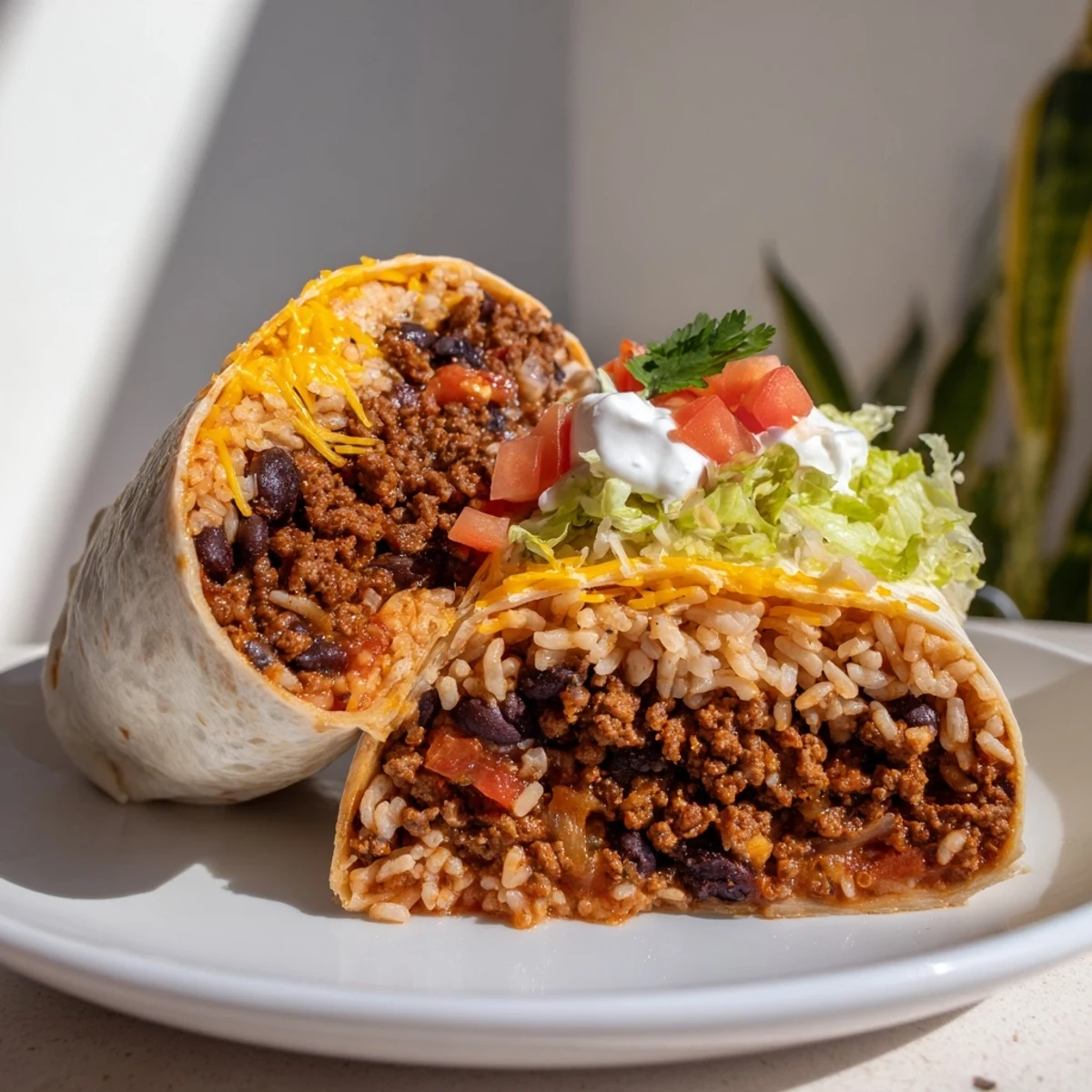 Freshly assembled Beef Burrito with Beans and Rice, sliced open to reveal the colorful layers of filling inside.