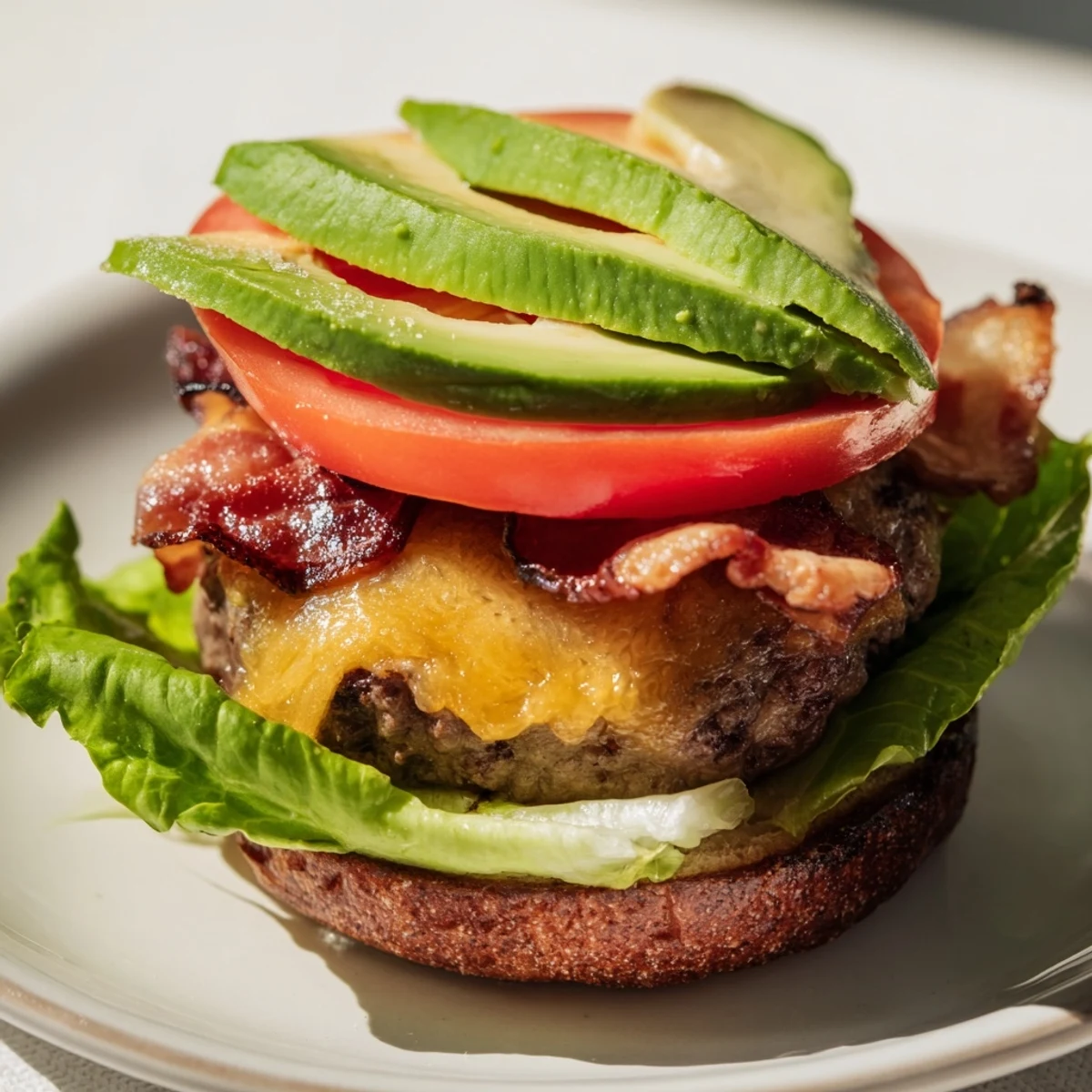 Golden-brown beef patty topped with melted cheddar, crispy bacon, and fresh avocado slices on a toasted bun.