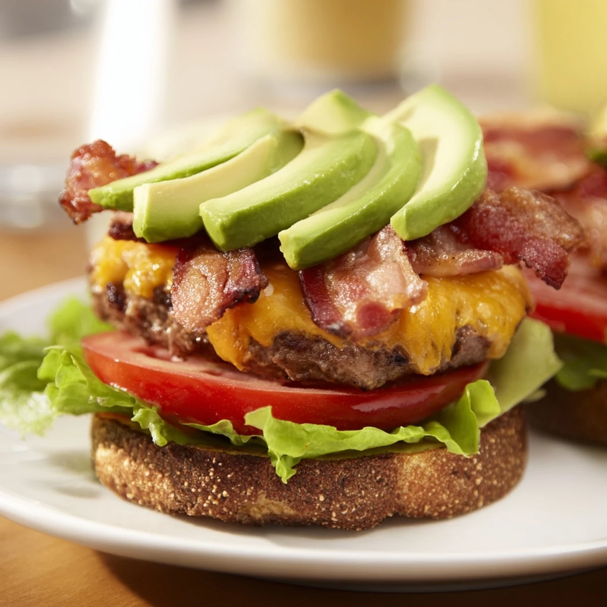 A plated beef burger with avocado and bacon, served with fries on the side.