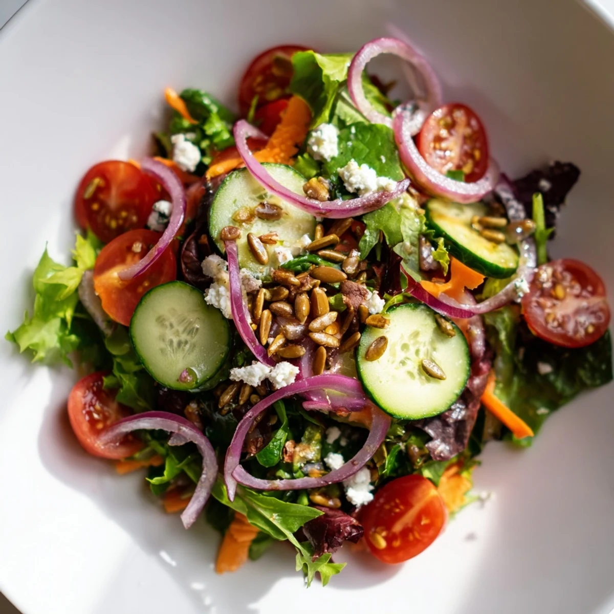 Fresh Spring Mix Salad with Vinaigrette in a white bowl, topped with crumbled feta and crunchy sunflower seeds.
