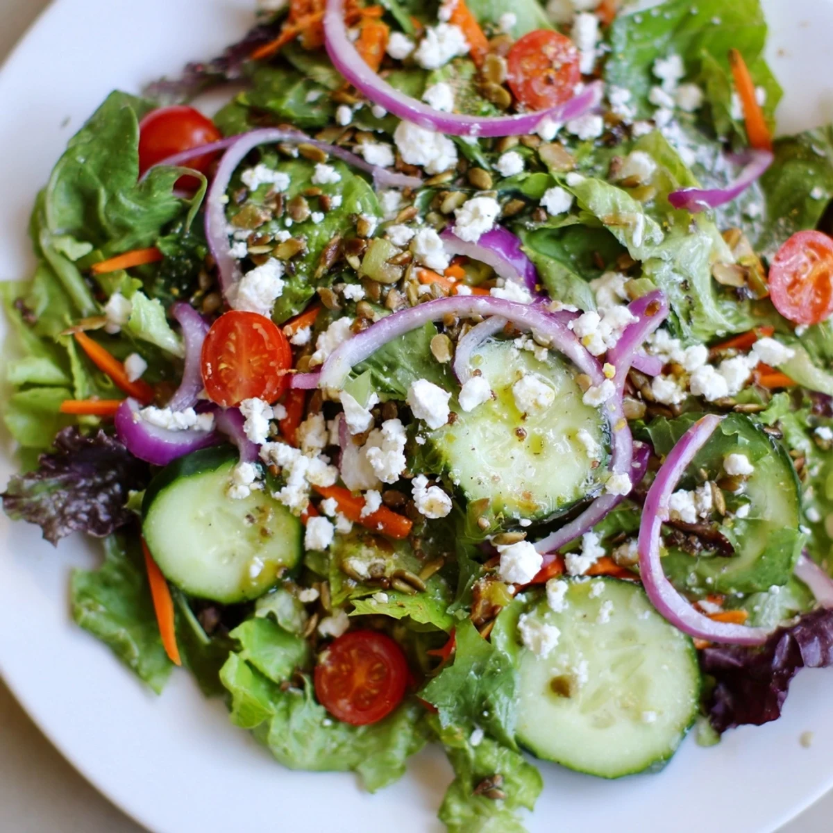 Spring Mix Salad with Vinaigrette drizzled over tender greens, carrots, and red onion for a light lunch.