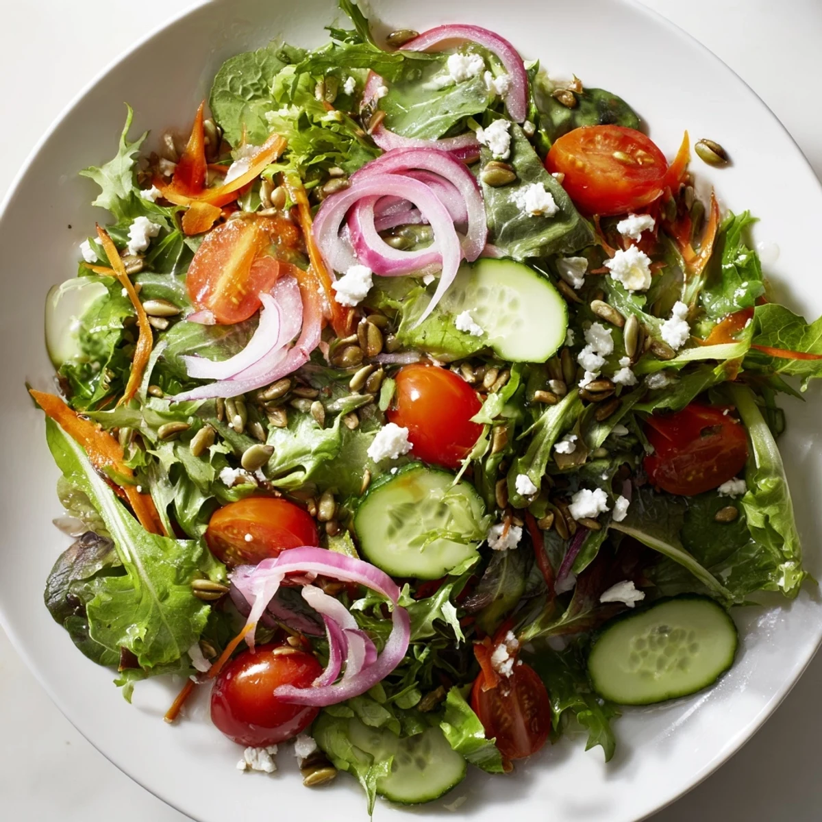A vibrant Spring Mix Salad with Vinaigrette tossed with cherry tomatoes and cucumbers, ready to serve.