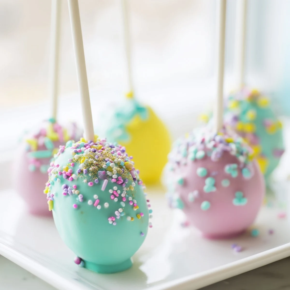 A close-up of a hand holding one Easter Egg Cake Pop, revealing its moist cake interior and vibrant pastel chocolate shell.