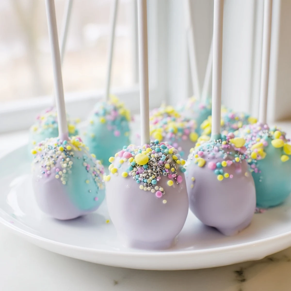 Pastel-colored Easter Egg Cake Pops lined up on a white plate, showcasing smooth candy coating and cheerful spring sprinkles.