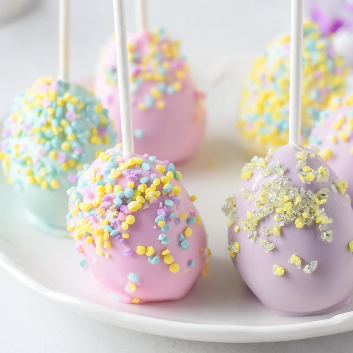Easter Egg Cake Pops arranged in a wooden crate, ready to be served as a festive holiday dessert at a spring party.