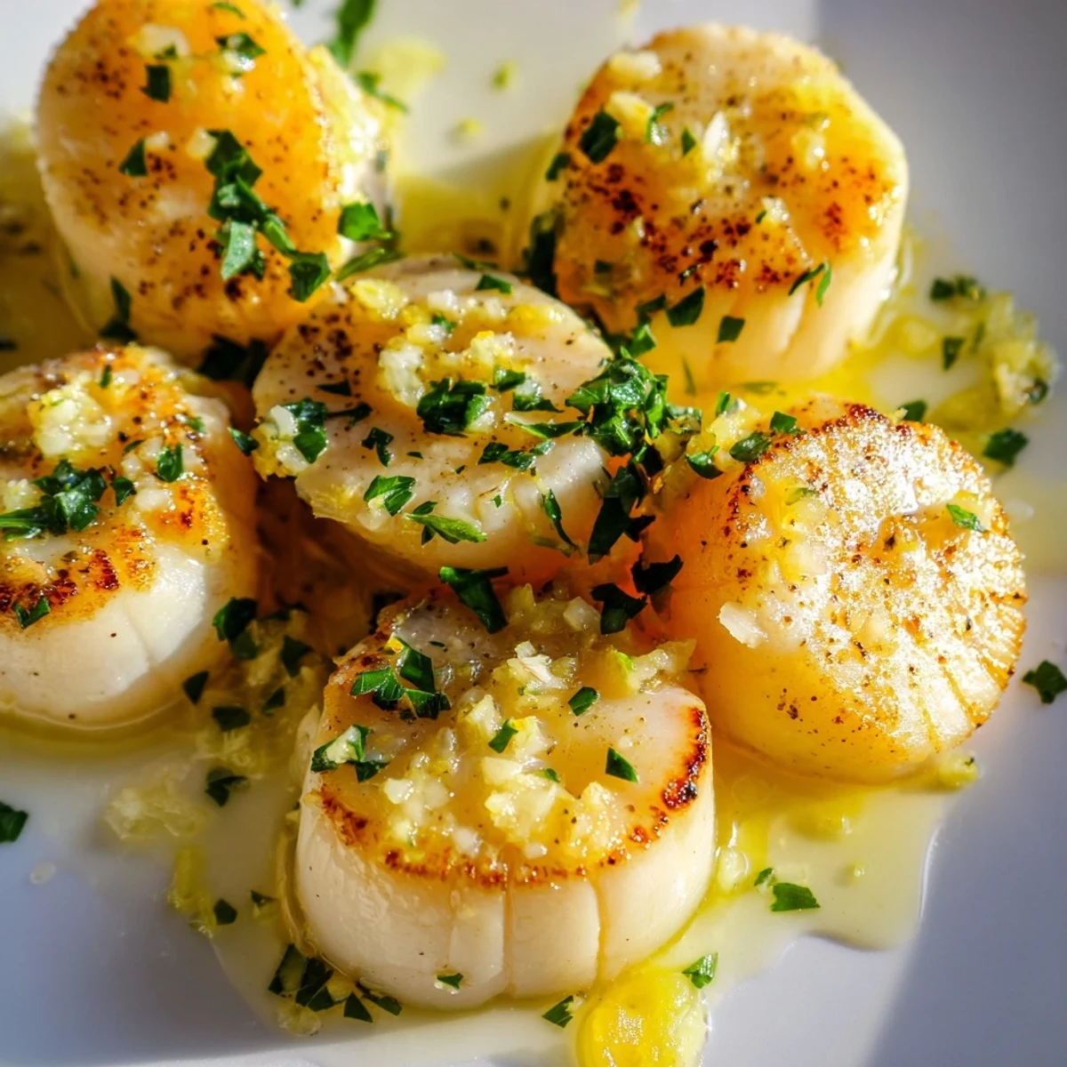 Golden seared Lemon Garlic Scallops glistening in a bright lemon garlic butter sauce on a white plate.  