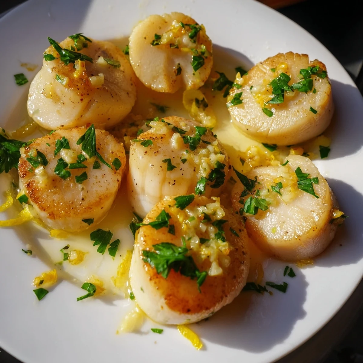 Perfectly cooked Lemon Garlic Scallops in a skillet with lemon wedges and garlic butter sauce.