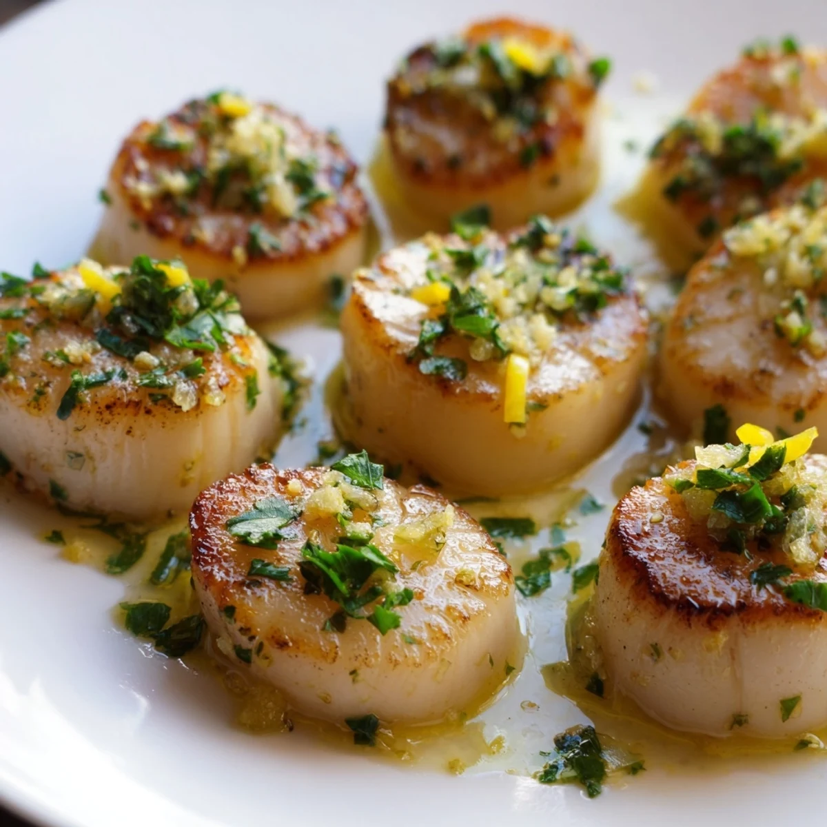 Fresh Lemon Garlic Scallops served over creamy risotto with a garnish of chopped parsley.  