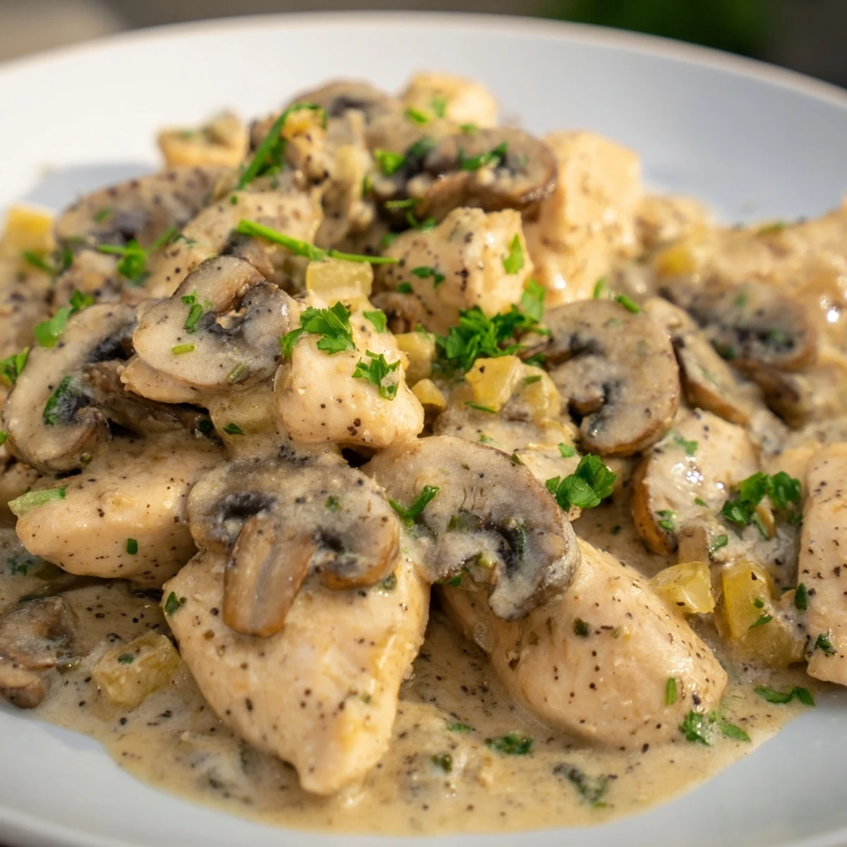 Golden-brown chicken breasts in a creamy mushroom chicken skillet with fresh parsley garnish and garlic aromatics.