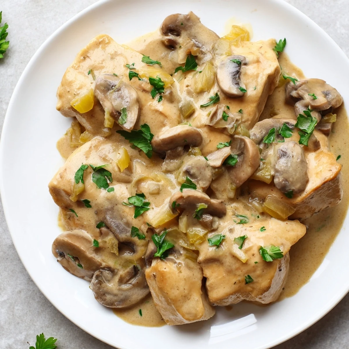 A close-up view of the creamy mushroom chicken skillet featuring tender chicken and sautéed mushrooms in rich sauce.