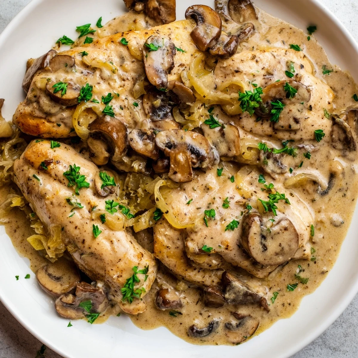 Serving suggestion for creamy mushroom chicken skillet with a side of mashed potatoes for a comforting dinner.