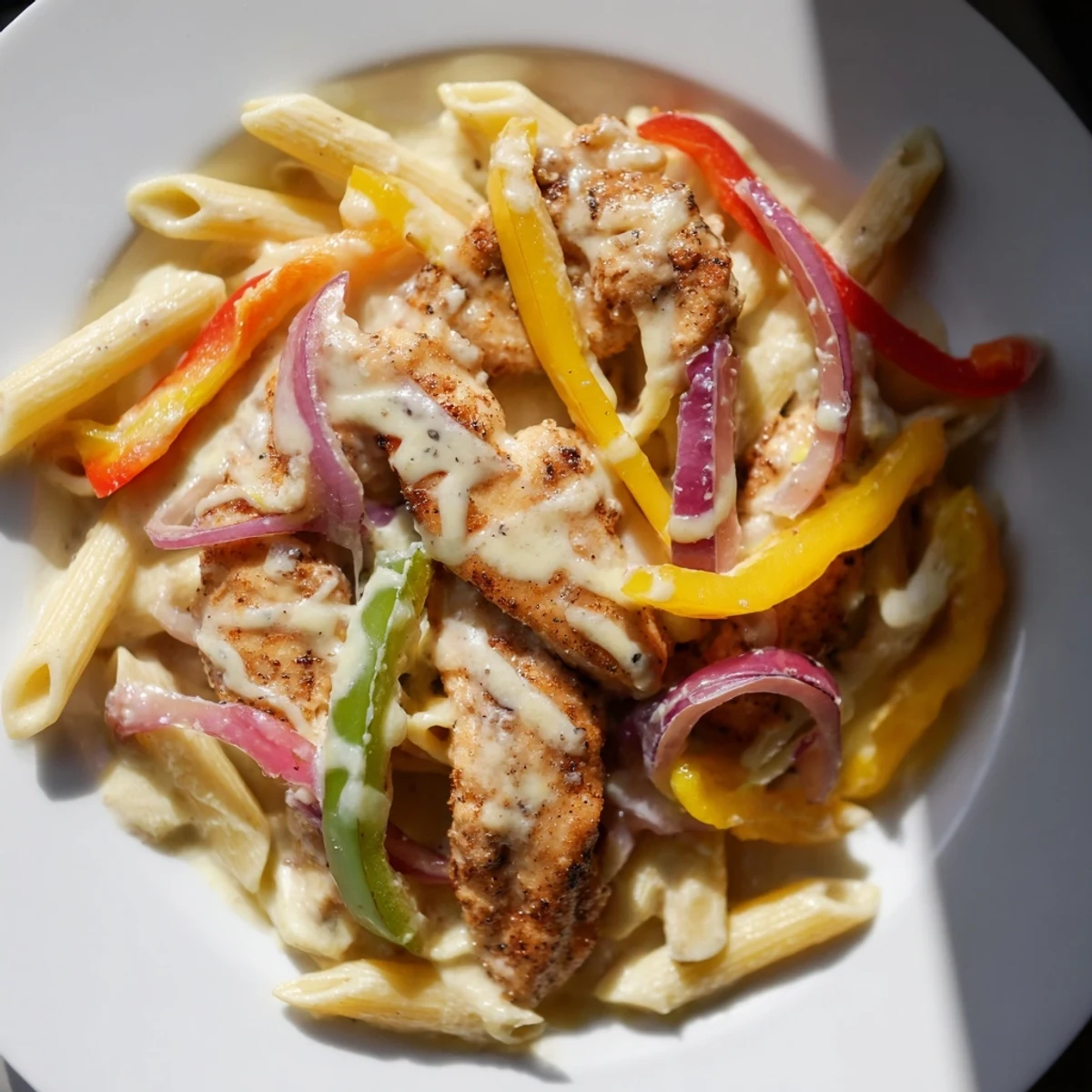 A steaming plate of Cajun Chicken Pasta with Peppers shows tender seasoned chicken and colorful vegetables coated in creamy sauce.