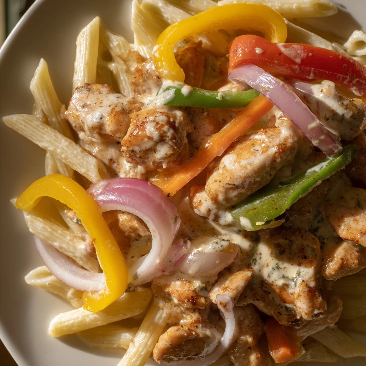 Cajun Chicken Pasta with Peppers is served in a bowl, garnished with parsley and Parmesan, alongside a glass of white wine.