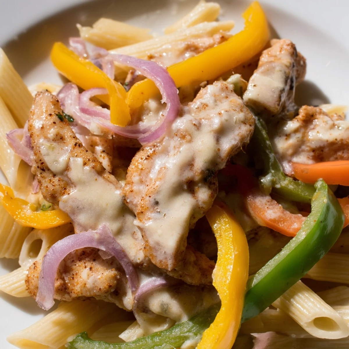 In this close-up, golden chicken and vibrant bell peppers mingle with penne noodles for Cajun Chicken Pasta with Peppers.