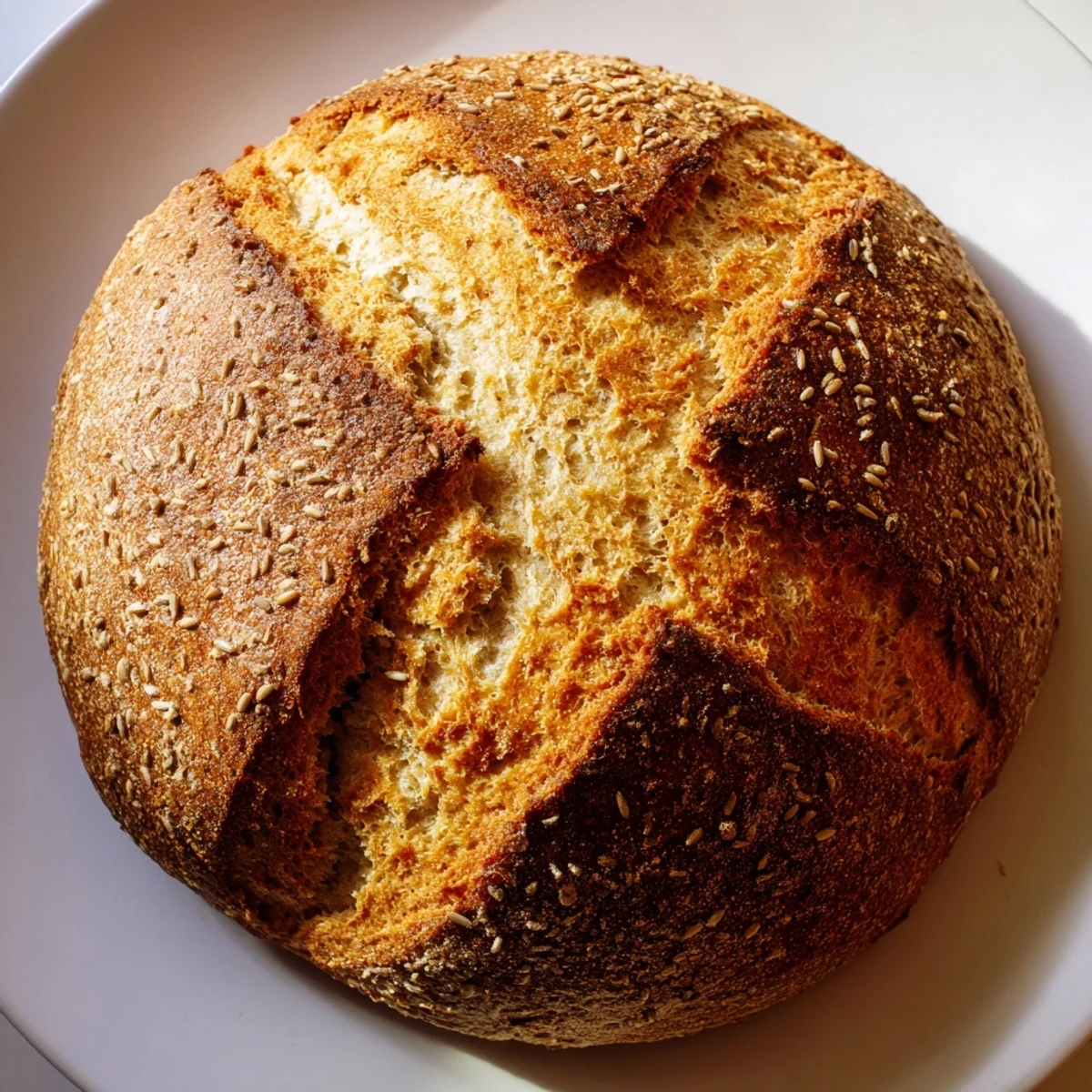 Golden-brown Irish Soda Bread with Caraway on a rustic wooden board, sliced to reveal its tender, buttermilk-soaked crumb.