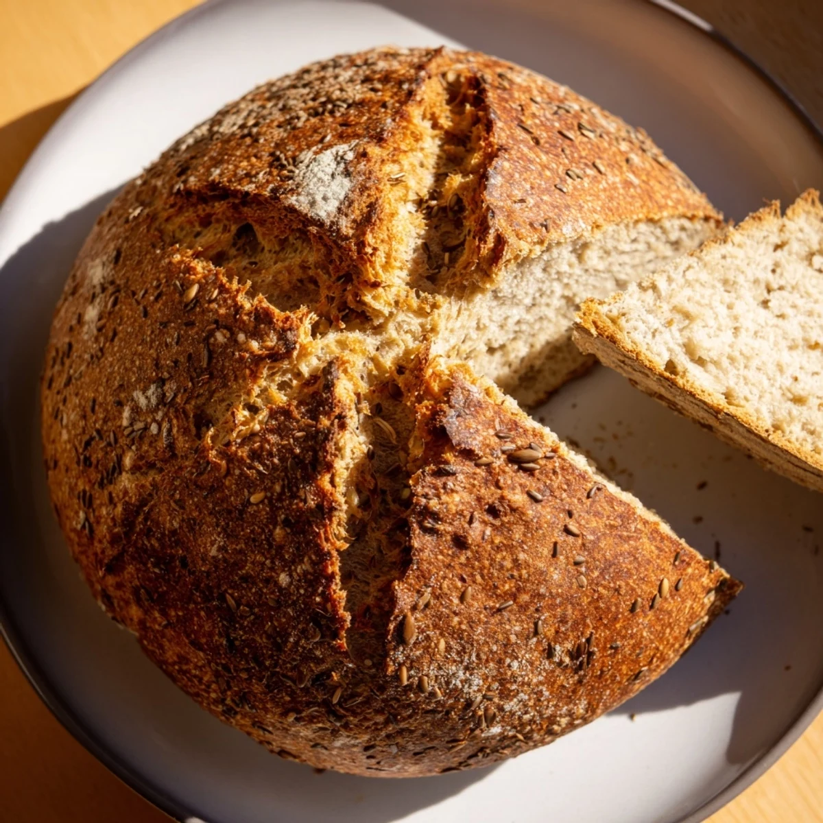 Rustic round Irish Soda Bread with Caraway, featuring a deep cross on top, cooling on a wire rack.