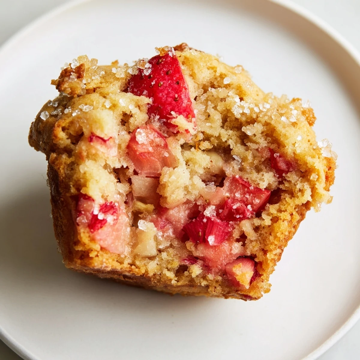 Warm Strawberry Rhubarb Muffins ready to serve, featuring a sugary crust and soft crumb with visible berry chunks.