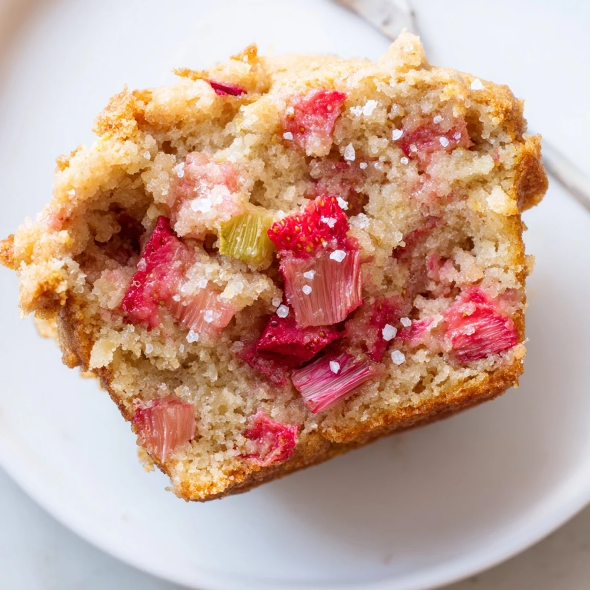 Freshly baked Strawberry Rhubarb Muffins cooling on a wire rack, showcasing golden tops and juicy fruit pieces.