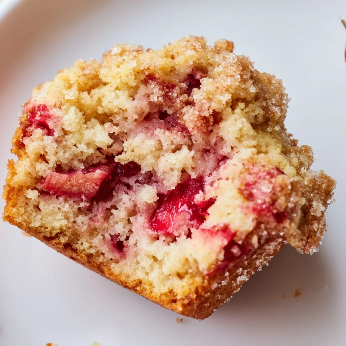 Moist Strawberry Rhubarb Muffins arranged in a tin, highlighting tender interiors studded with sweet strawberries and tart rhubarb.
