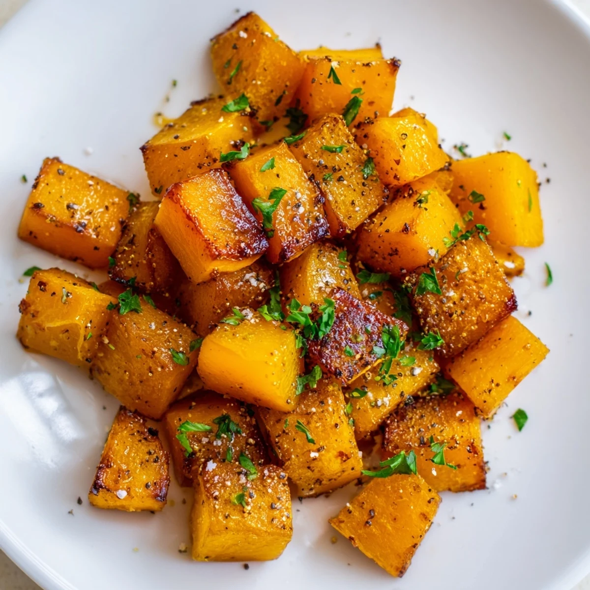 Roasted Butternut Squash with Maple showcases caramelized, tender cubes glistening with maple glaze and warm spices.