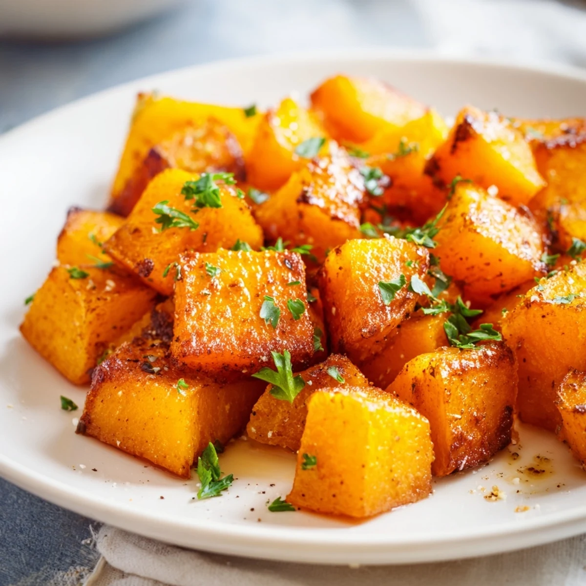 A close-up shows Roasted Butternut Squash with Maple beside a plate ready for a hearty fall dinner.
