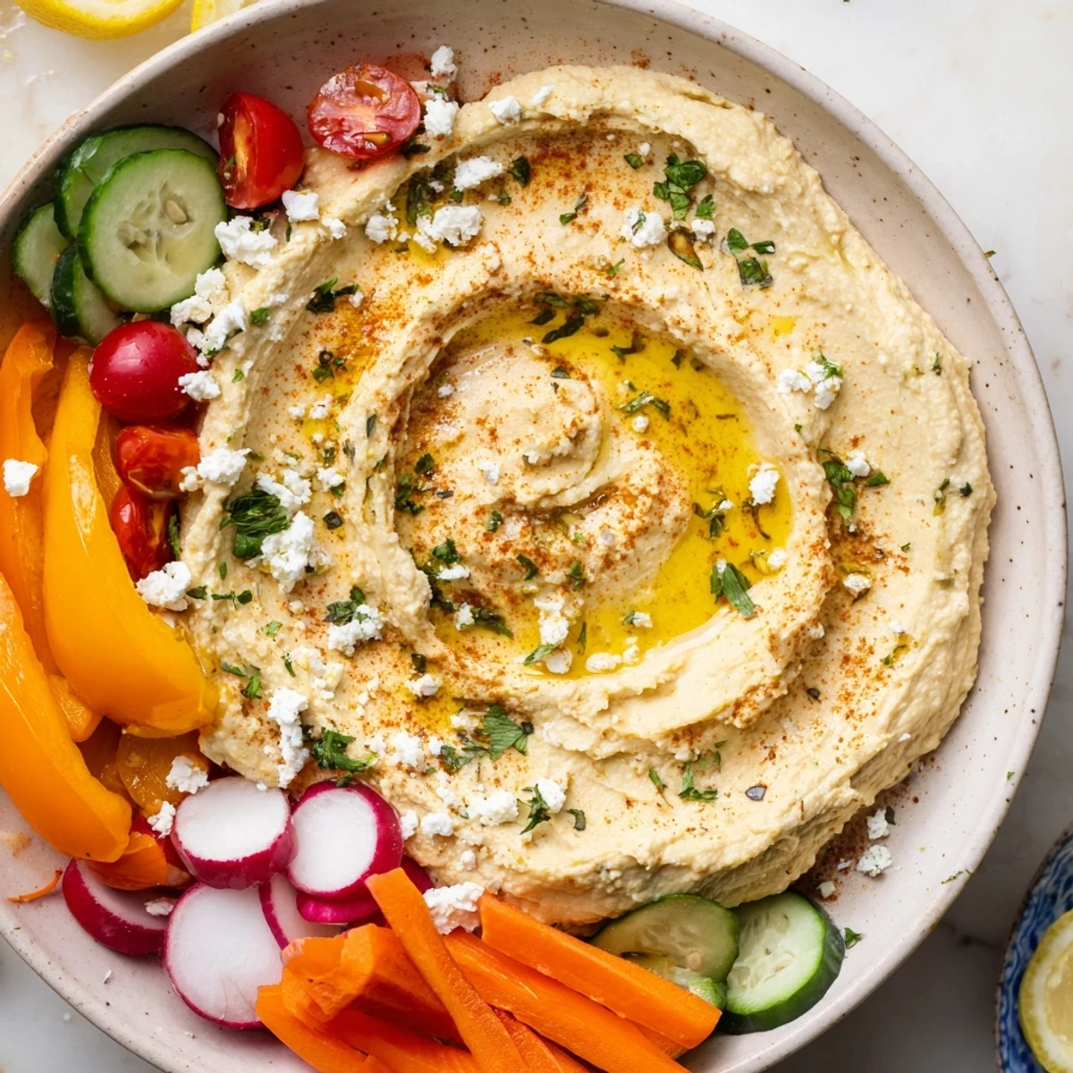 Creamy Mediterranean Hummus Platter with Veggies arranged with crisp vegetables and warm pita bread.