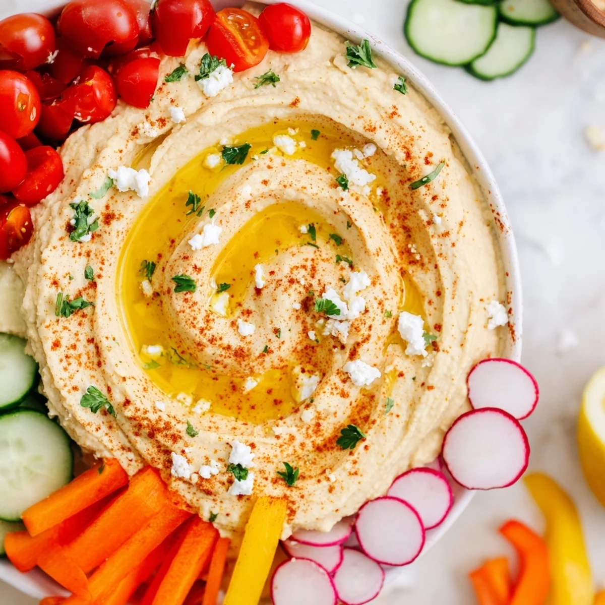 Colorful Mediterranean Hummus Platter with Veggies on a rustic board, perfect for sharing at parties.