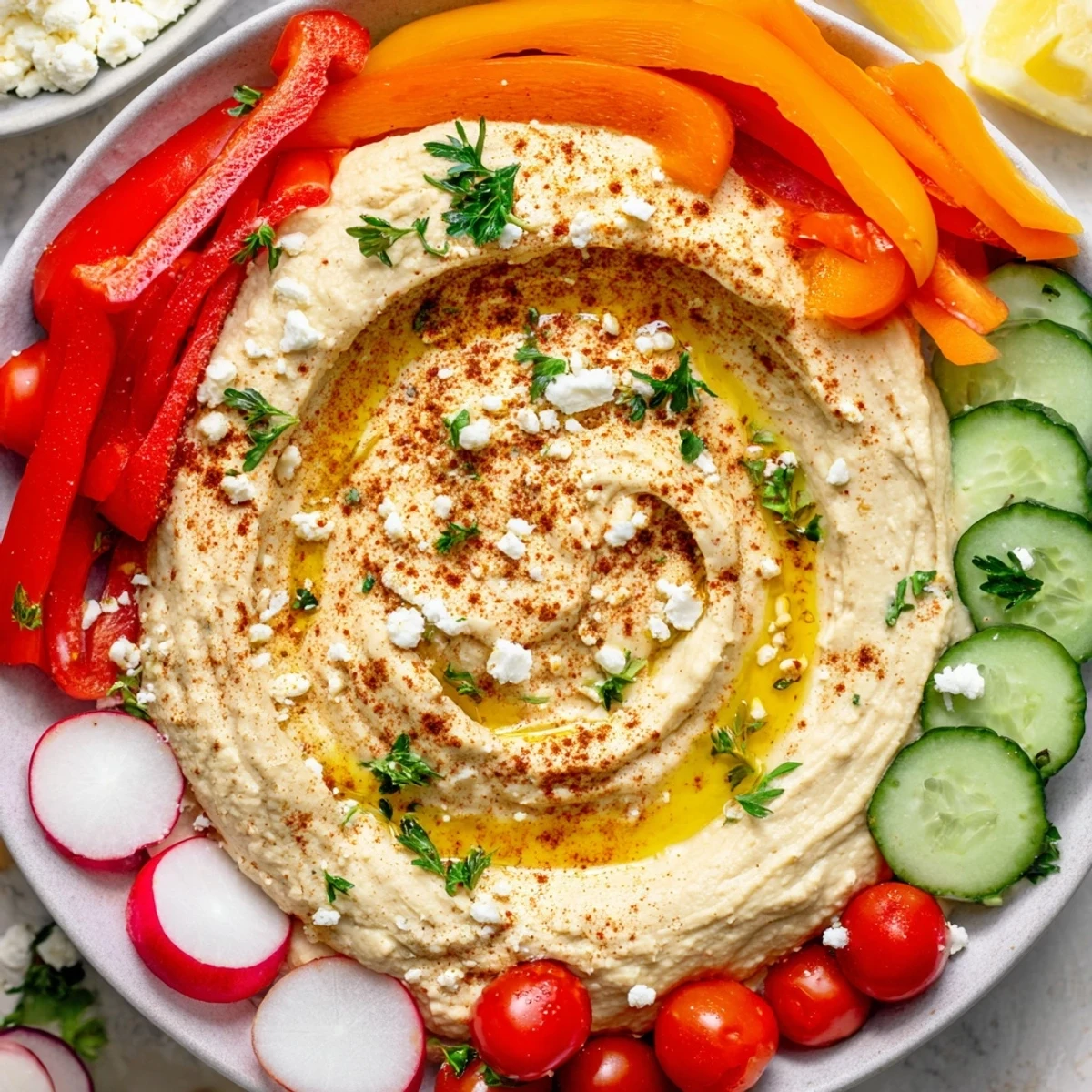 Fresh Mediterranean Hummus Platter with Veggies garnished with olives, feta, and a drizzle of olive oil.