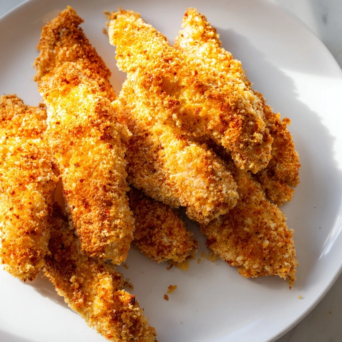 Golden-brown Crispy Air Fryer Chicken Tenders resting on a plate with a small bowl of honey mustard for dipping.