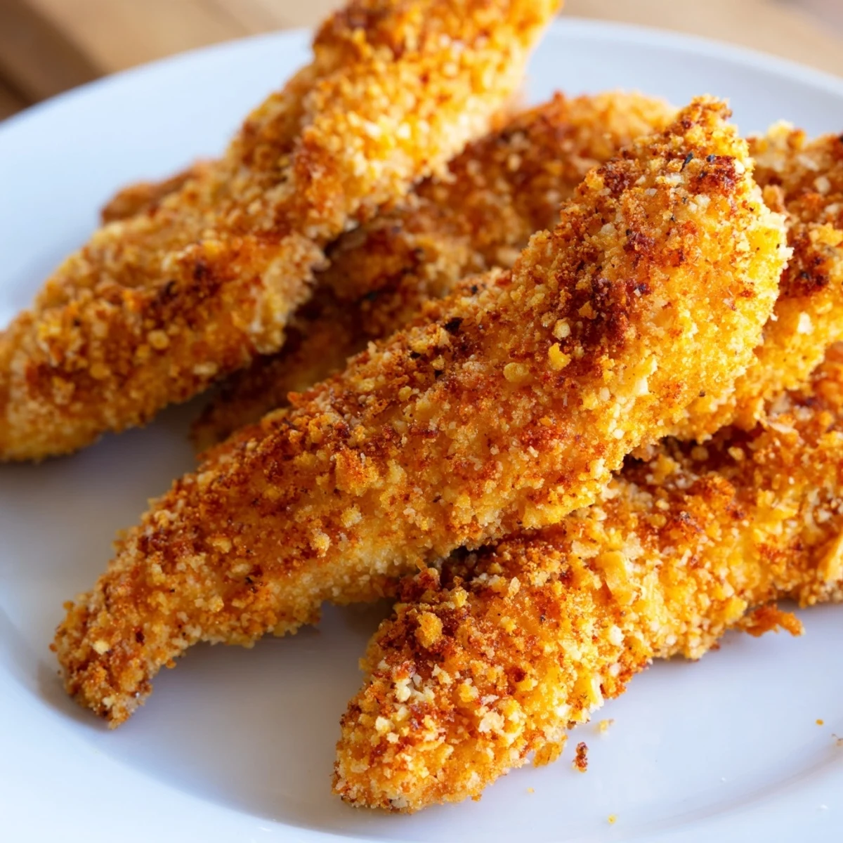 A close-up of Crispy Air Fryer Chicken Tenders served with barbecue sauce, highlighting the tender inside and crispy exterior.