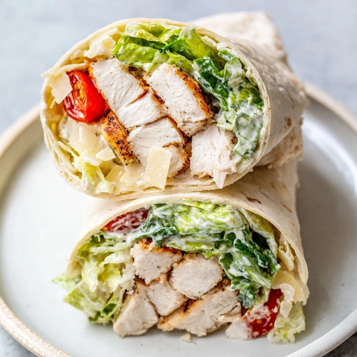 Halved Chicken Caesar Wrap shows creamy dressing, juicy chicken, crunchy croutons, and bright cherry tomatoes on a rustic plate.