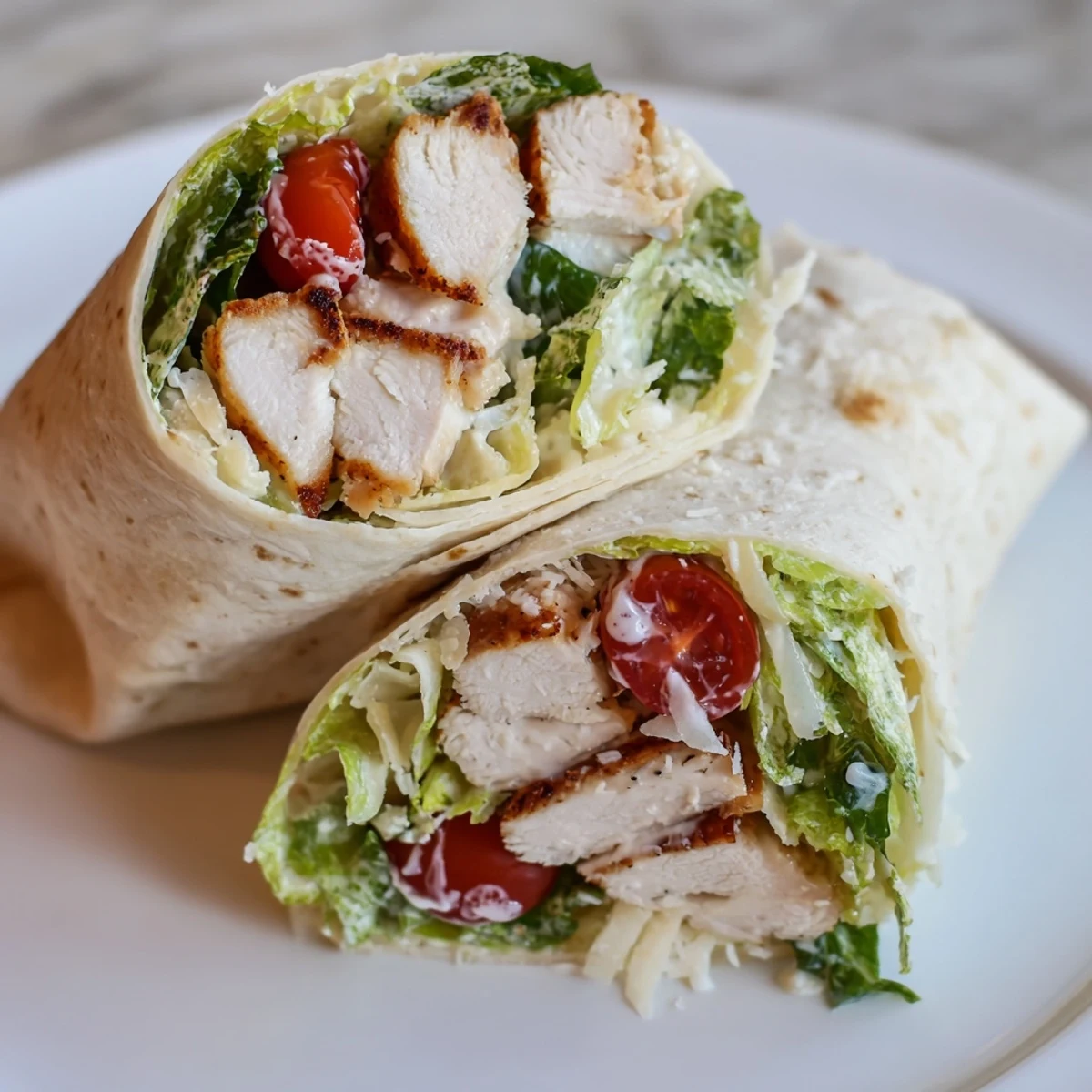 Golden-brown grilled chicken slices glistening beside crisp romaine and shaved Parmesan in a Chicken Caesar Wrap, ready to eat.