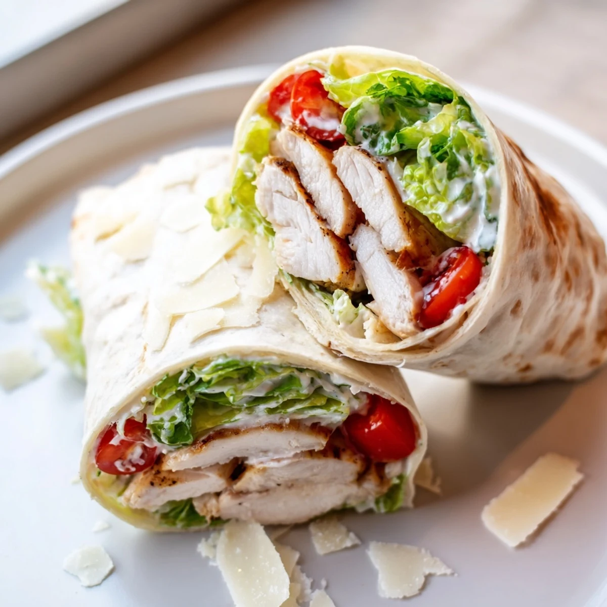 Overhead view of a tightly rolled Chicken Caesar Wrap, drizzled with Caesar dressing and topped with shaved Parmesan cheese.